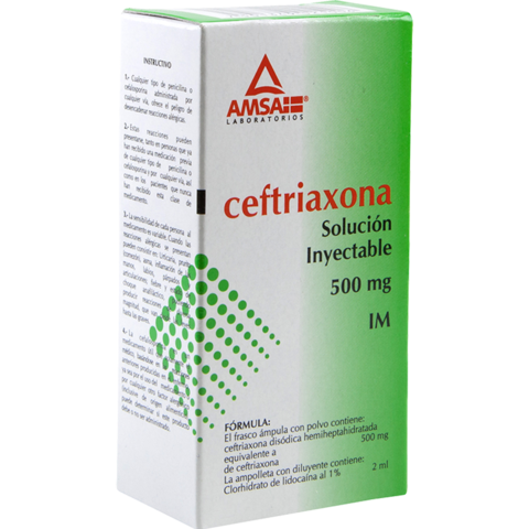 CEFTRIAXONA (Amsa) I.M. Sol. Iny. c/1 FCO. AMP. 500 MG/2 ML.
