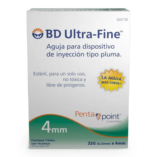 AGUJA PARA DISP. INY. TIPO PLUMA (BD U-Fine) 32Gx4mm. c/100 Pzs.