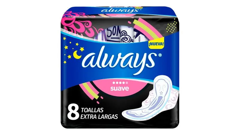 ALWAYS NOCTURNA SUAVE Con Alas/Flujo Súper Abundante c/8 Toallas Ex-Largas.