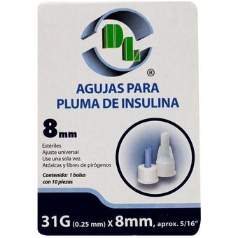 AGUJAS PARA PLUMA DE INSULINA (DL) 31Gx8mm. Caja c/10 Pzs.