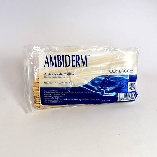 APLICADOR de MADERA c/PUNTA DE ALGODÓN (Ambiderm) 15cm. Bolsa c/100 Pzs.