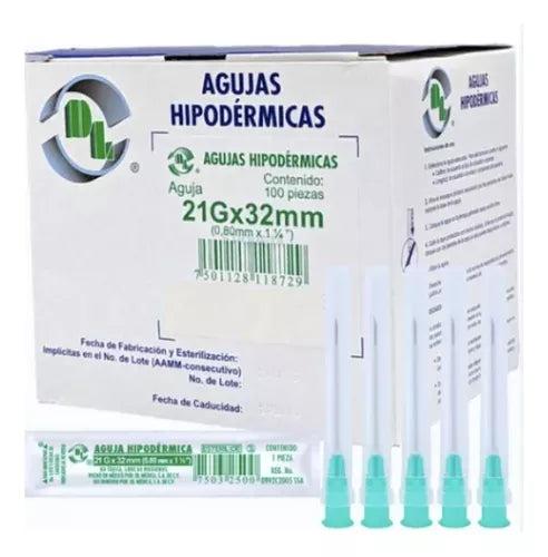 AGUJA HIPODÉRMICA (DL) 21Gx1-1/4"(32mm) Cja. c/100 Pzs.