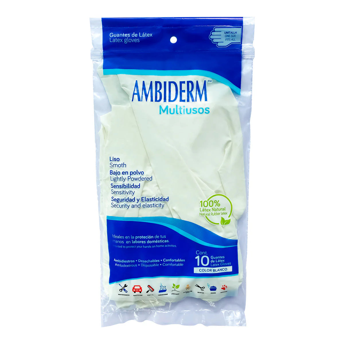 AMBIDERM MULTIUSOS GUANTE LÁTEX Blanco No Estéril U.T. Bolsa c/10 Pzs.